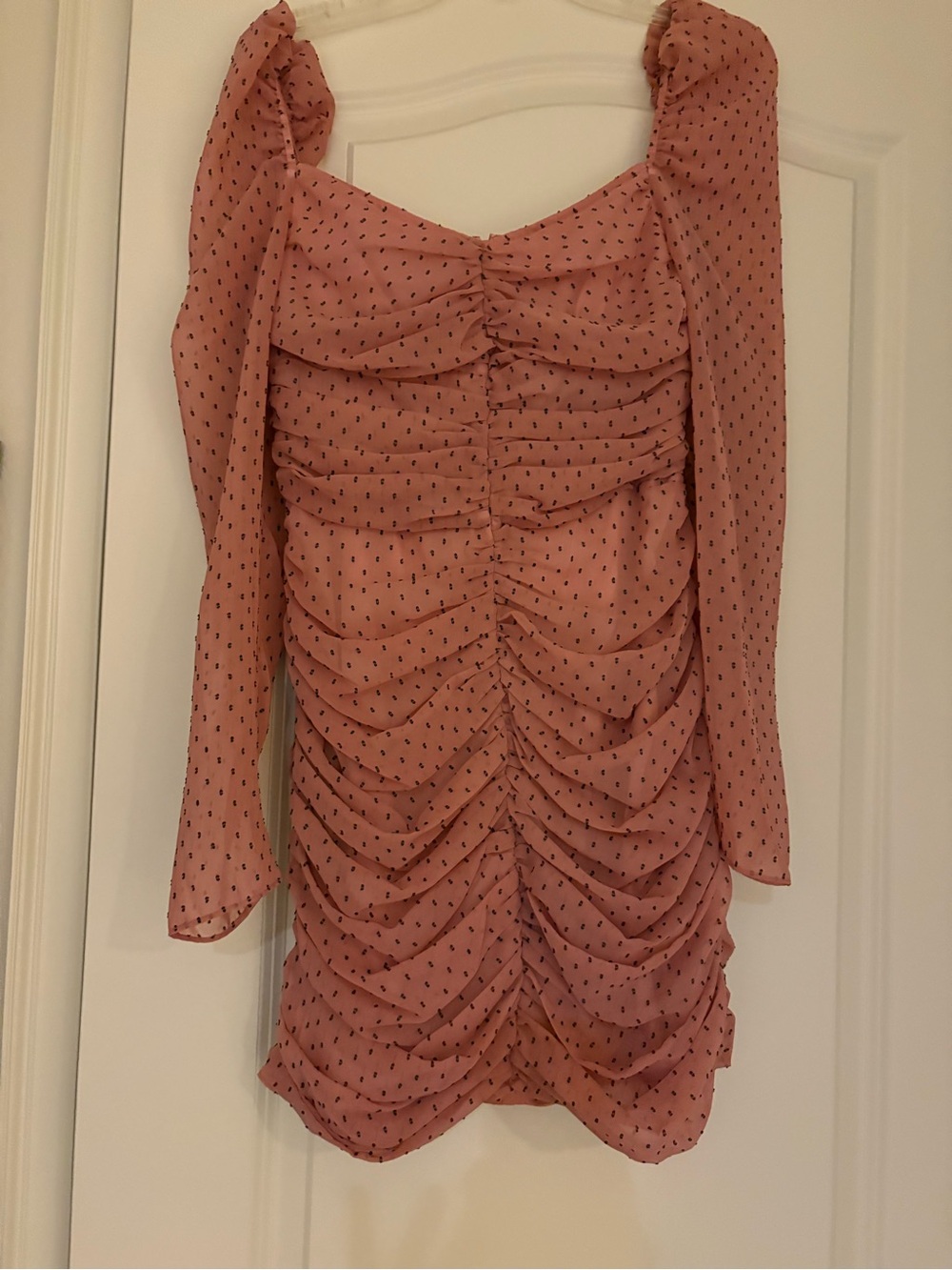 Ruched Long-Sleeve Mini Dress in Dusty Pink with Black Dot Detail